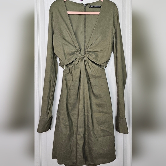 ZARA SEXY LINEN BLEND SHORT DRESS LONG SLEEVE OLIVE GREEN CUT OUT MINI XS - Picture 13 of 16
